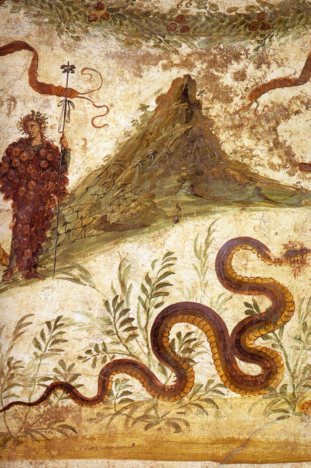 Depiction of Bacchus and Mount Vesuvius without the characteristic crater