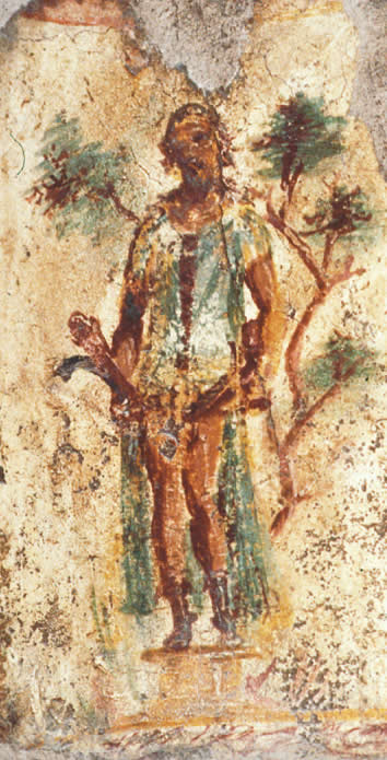 Priapus with two phalluses holding his twin attributes in both hands