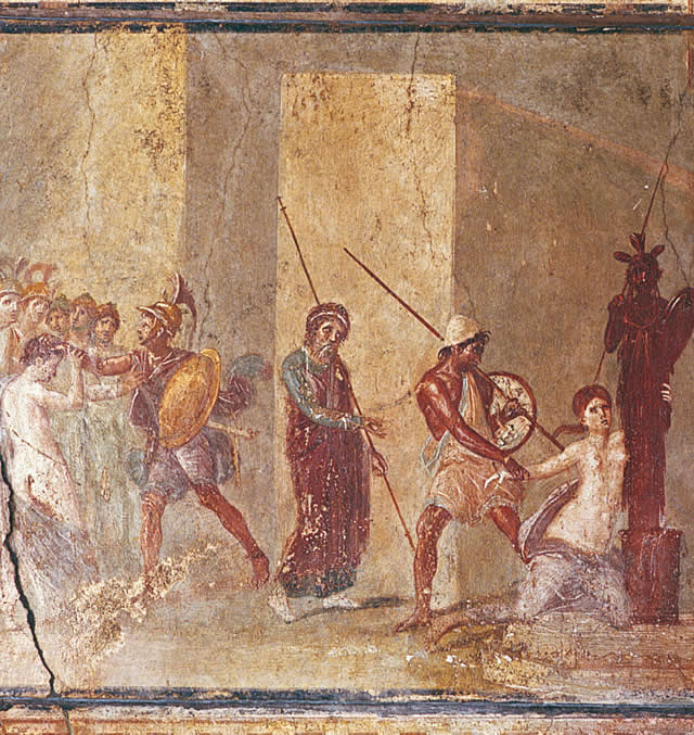 La resistenza di Cassandra al rapimento di Ulisse: una pittura del trittico ispirato alla guerra di Troia