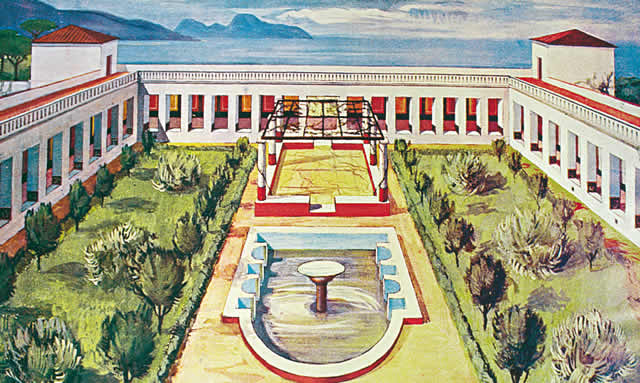 Imaginary reconstruction of the garden with a view of the Sorrentine peninsular and the isle of Capri