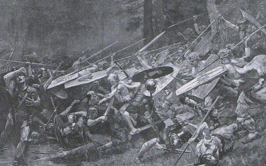 Stampa raffigurante la strage di Teutoburgo del 9 d.C.